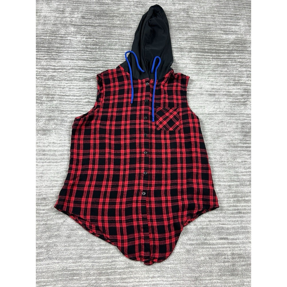 No Boundaries Sleeveless Hooded Shirt Juniors XL Red Black Plaid Button Down